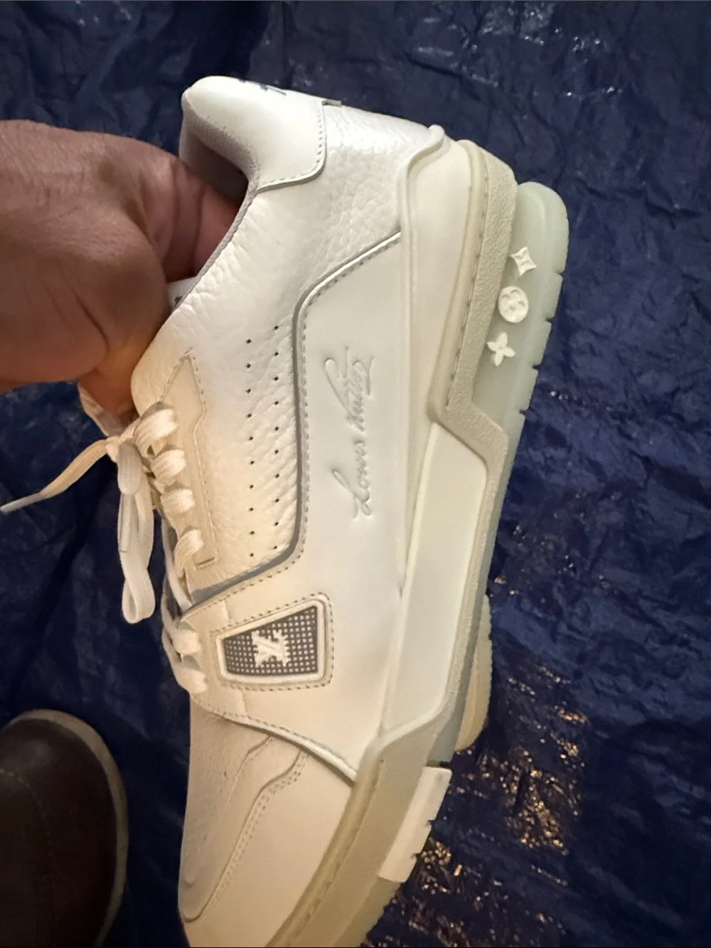 Louis Vuitton Men's White Leather Low-Top Sneakers with LV Tongue Logo
